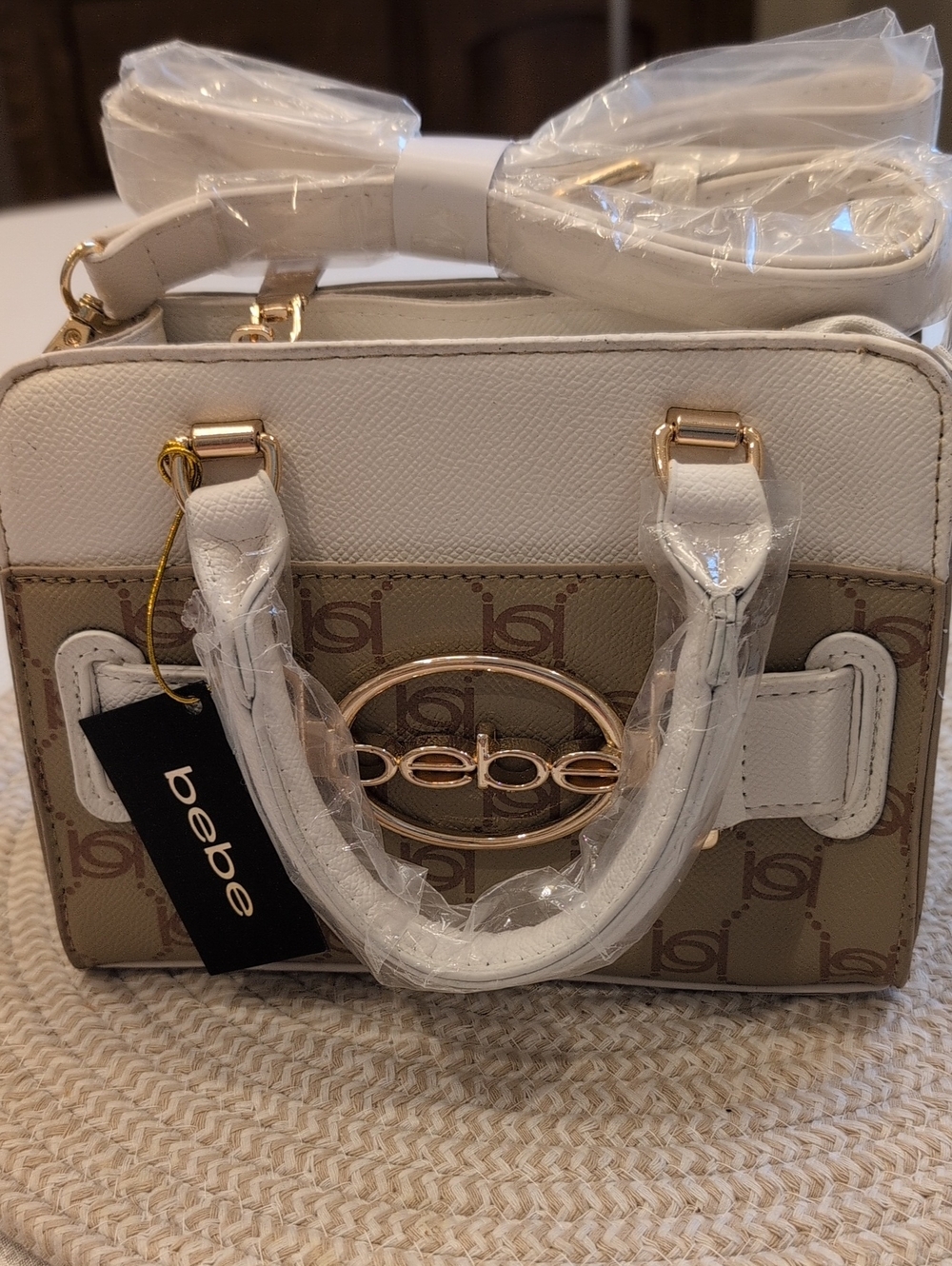 bebe Almond and White Logo Mini Satchel with Gold Hardware